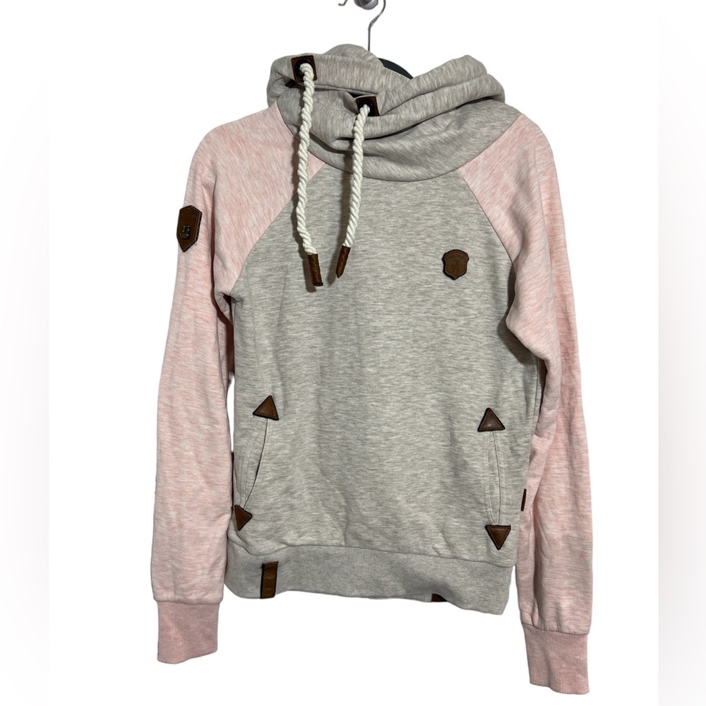 Naketano medium hooded sweat shirt heathered grey w/ heathered pink sleeves